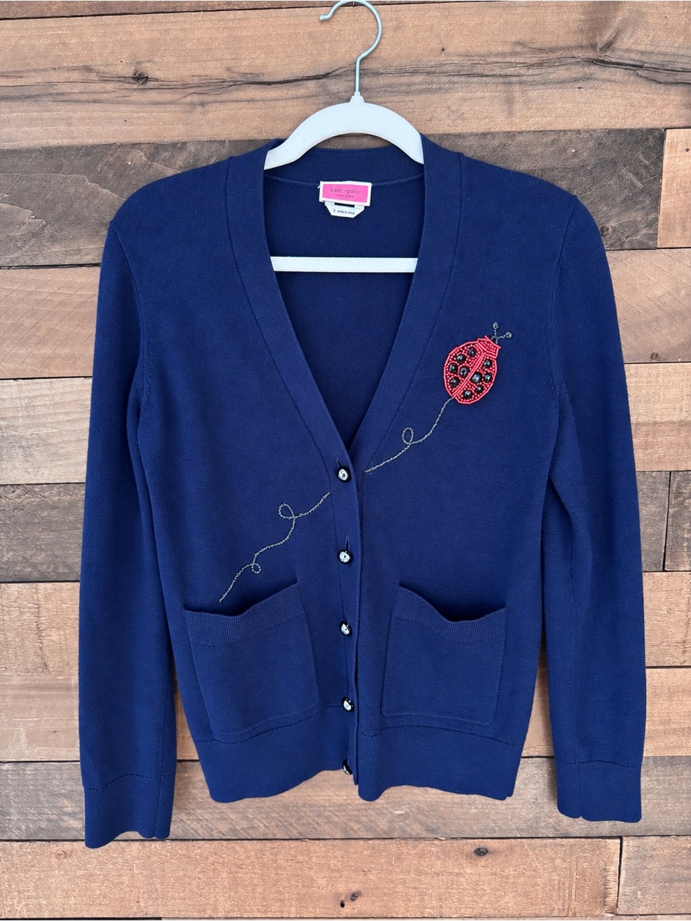 Kate Spade Navy Ladybug Embroidered V-Neck Cardigan